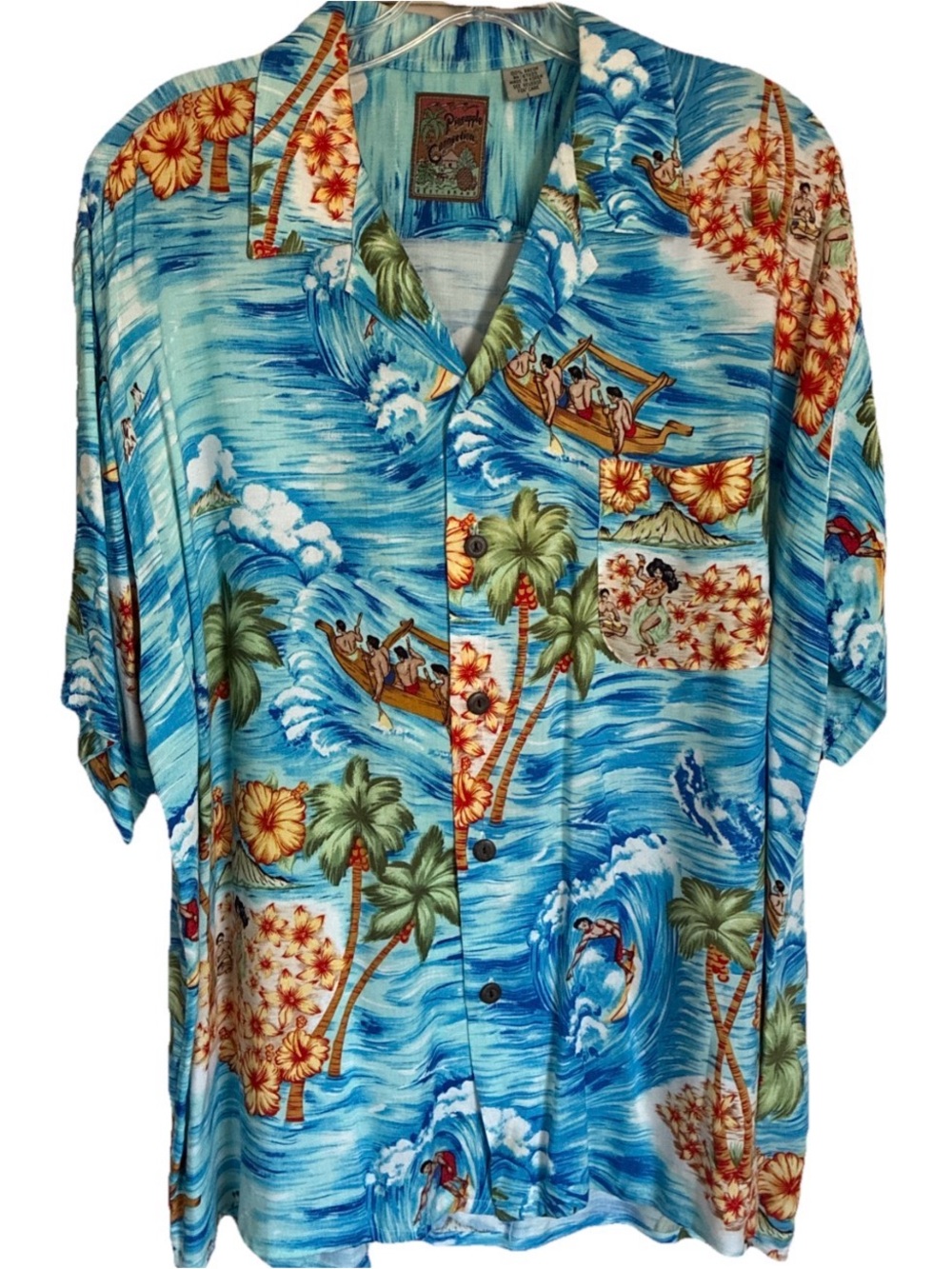 Pineapple Connection-Men’s Hawaiian Shirt Large Blue Button Up Breathable Pocket